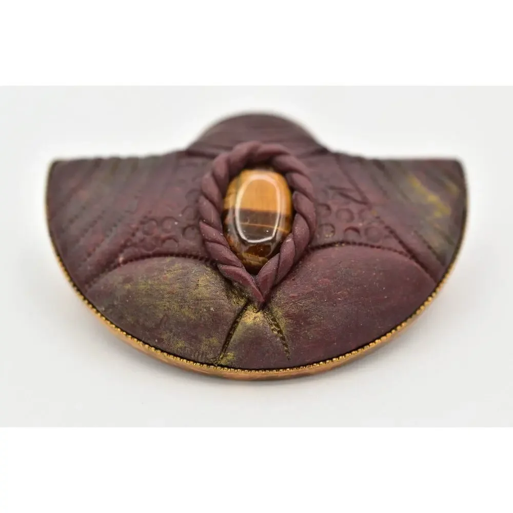 Vintage Tiger's Eye Cabochon Pin Brooch Brutalist Gold Tone Chunky 1970s 9B